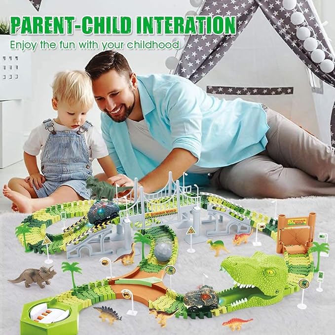 174 PCS Flexible Dinosaur Train Tracks and Race Cars Playset with 8 Dinosaurs Figures, Electric Vehicles, Lights - Create Road Racing World for Toddlers and Kids