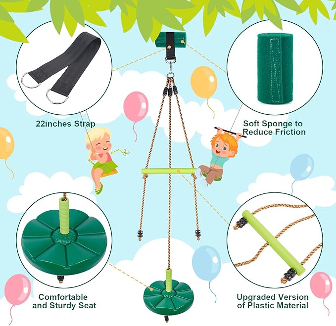 AGPTEK Disc Swing with Monkey Bars,Tree Swing Set Accessories Rope Disk Swing Seat with Carabiner and 22in Hanging Strap Heavy Duty Swingset for Zipline Outdoor Playground, Jungle & Gym(Green)