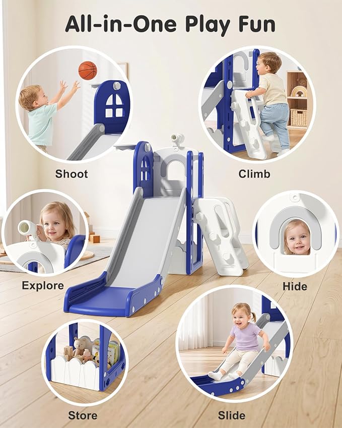 Babytronic Toddler Slide for Kids 1-3, 6-in-1 Toddler Slide Set with Basketball Hoop & Telescope, Indoor Outdoor Toddler Playset, Kids Climber Playset for Small Spaces, Indoor Playground, Blue & Gray
