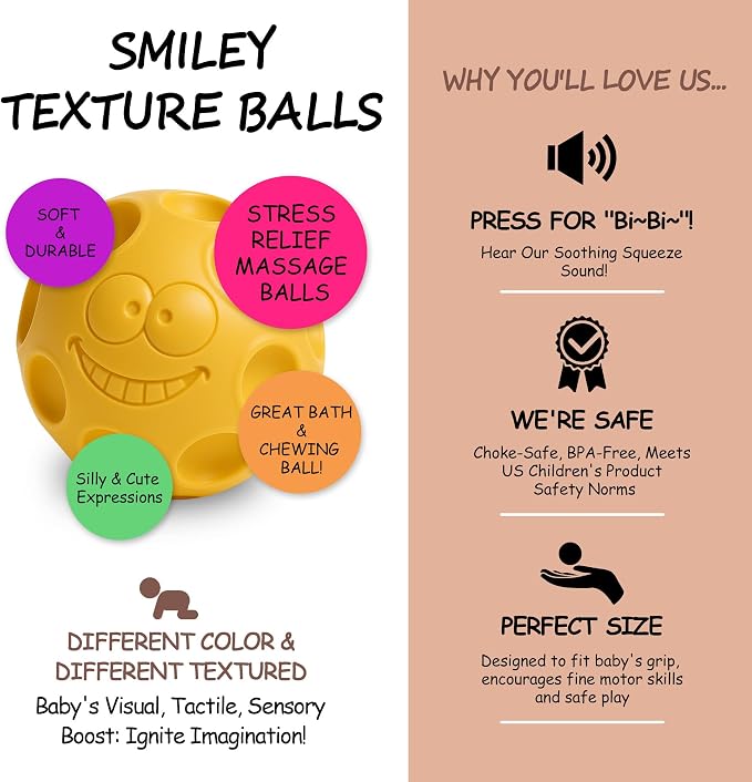 Sensory Balls for Baby, 6PCS Soft Textured Balls for 6-12M | Smiling Faces, Colorful Infant Ball Toys, Tummy Time, Learning & Travel, Montessori Gift for Baby Boys & Girls