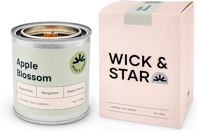 Wick & Star Vegan, Wood Wick, Natural Coconut Soy Wax Aromatherapy Candle, Clean Burning (Apple Blossom)