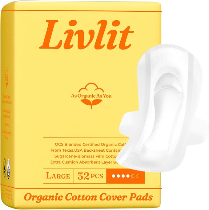 Livlit Large Size Ultra Thin Sanitary Pads, 100% Organic Cotton from Texas, Powerful Leak Protection, Unscented, Chlorine Free and Absorbency of Feminine Periods, Pads for Women (32 Count)