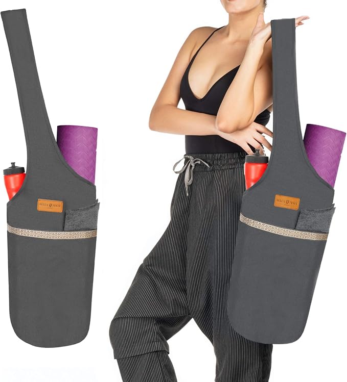 ALLEN & MATE 100% Cotton Canvas Yoga Mat Bag - Shoulder Strap Carrier Large Size Pocket Zipper Storage Yoga Bag holds more Accessories & Pilates Mats