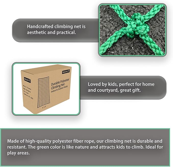 Outdoor & Indoor Premium Climbing Net - 8 Sizes Polyester Fiber. Easy Install with Extras. Handcrafted & Practical. Ideal Gift. (5ft x 10ft)