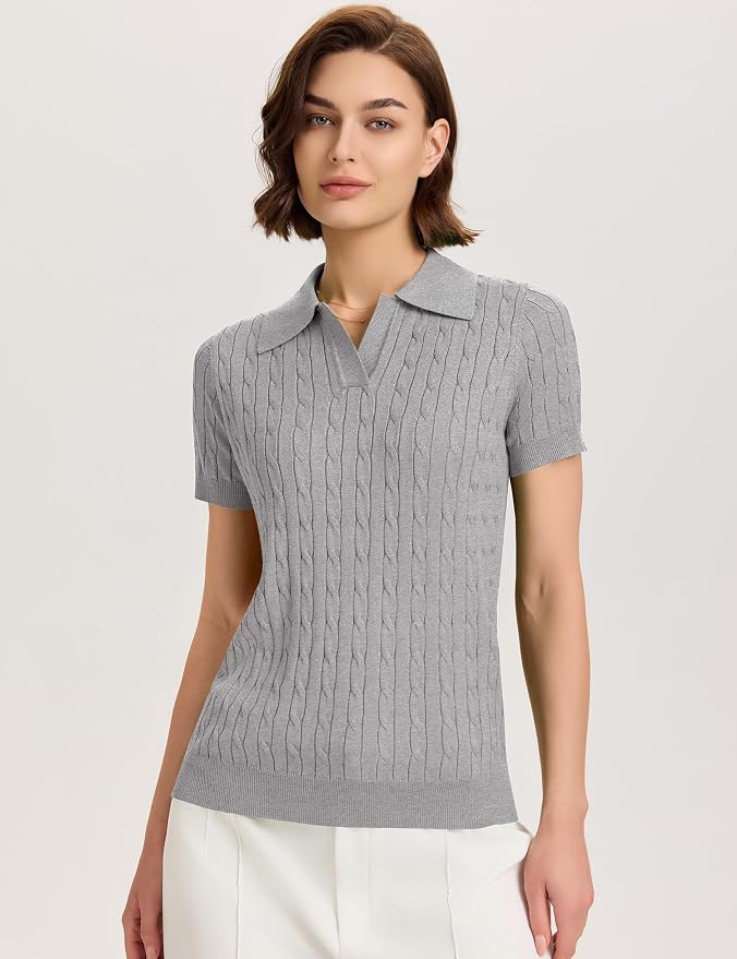 Micoson Womens Short Sleeve Sweater Tops Lapel V Neck Polo Shirts 2026 | Summer Cable Knit Loose Blouses, Business Casual Outfits