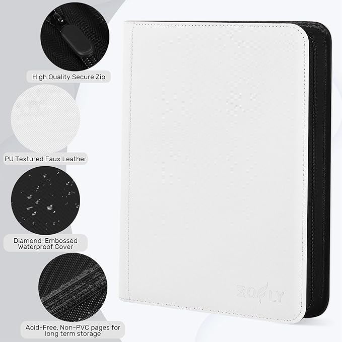 1000+ Pockets Trading Card Binder, 16 Pockets Zipper Binder Card Album, 32 Pack Double-sided Side Loading Non-Ring Card Binder, Card Holder Folders for MTG, TCG, Game Cards & Sports Cards, White