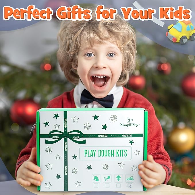 SIMPLIPLAY Construction Sensory Kit with 6 PCS 18oz Glitter Doughs & Accessories(About 80pcs), Color Dough Set, Construction Boy Sensory Kit with Toy Trucks for Kids Toddlers Creative Gift