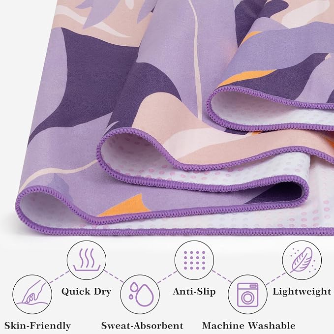 Yoga Towel Hot Yoga Mat Towel with Corner Pockets, 70 x 26 inch, Non-Slip Sweat-Absorbent Soft Microfiber Yoga Blanket for Pilates, Fitness and Workout, Purple