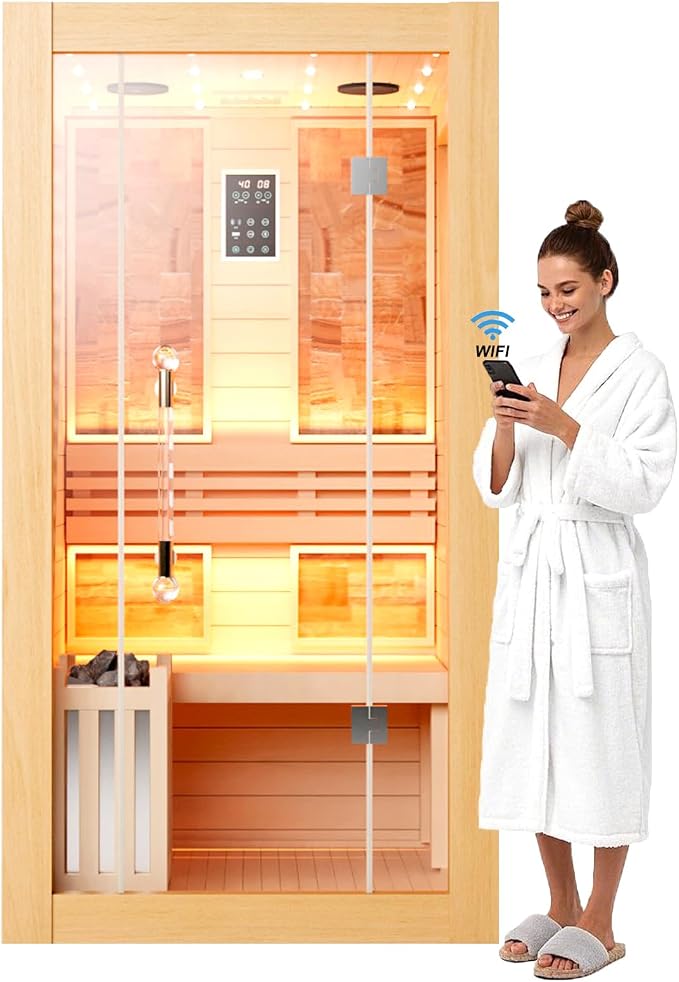 Smartmak Wood Home Steam Sauna, WiFi Control 1 Person Canadian Hemlock Traditional Luxurious Wooden Indoor Spa Room, with 3.5 kw Heater, Speaker, Rocks, Water Bucket, Spoon, Sky Lights