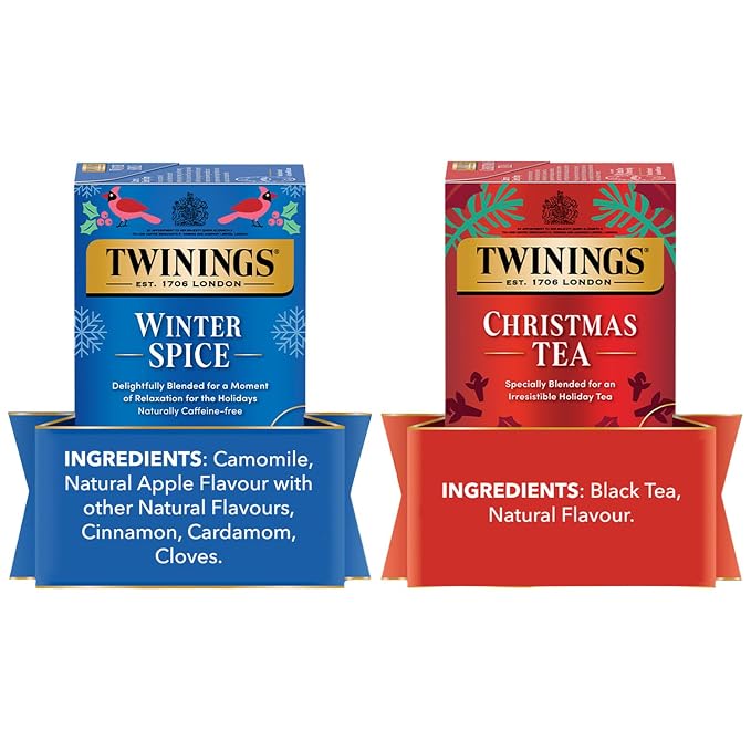 Twinings Holiday Sweet & Spicy Tea Variety 2-Pack – Caffeinated Tea and Caffeine-Free Winter Spice Herbal, Christmas Gift, 20 Tea Bags Ea