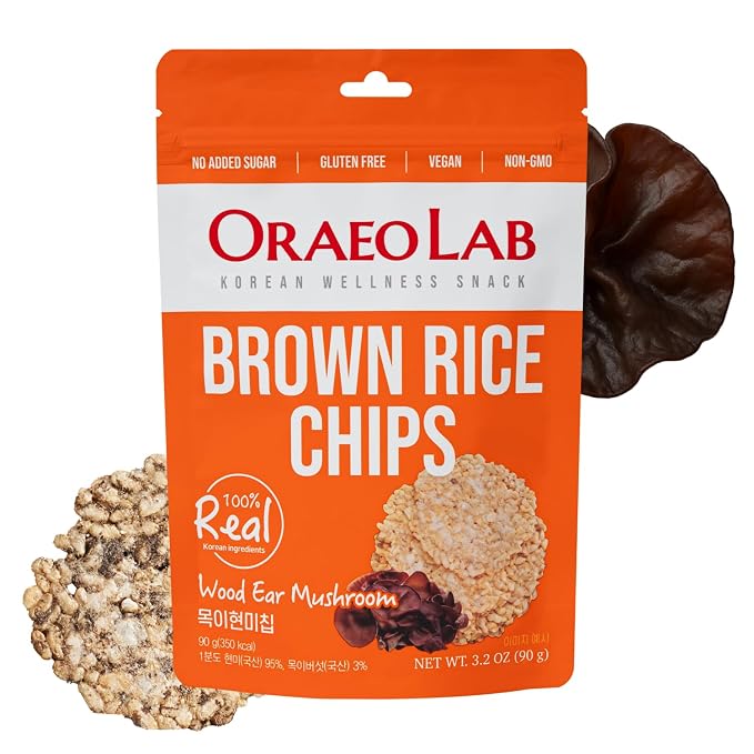 Korean Food Brown Rice Chips with Wood Ear Mushroom, Vegan, 3.17oz (90g) | Pressed brown rice chips with wood ear mushroom, made without frying and suitable for vegan diets