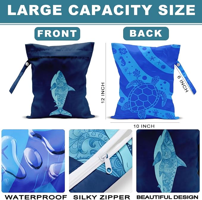 ZHAMEN 2Pcs Wet Bag, Wet Dry Bag Reusable with Zipper, Travel, Beach, Pool, Diapers, Dirty Yoga Gym Clothes, Makeup Bag, Waterproof Wetdry Packing, Whale Turtle Decore (12x10 Inch)