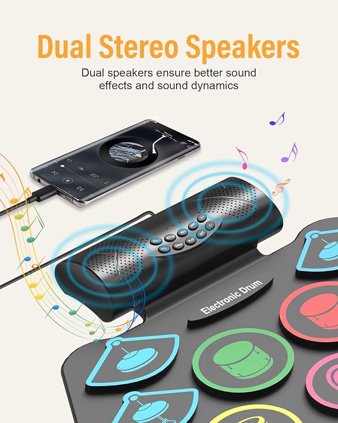 9 Pad Electronic Drum Set, Roll Up Portable Drum Pad Kit with MIDI Bluetooth, Built-in Speaker, Supports Headphone/Bluetooth, Great Christmas & Birthday Gift Gift for Kids and Beginners