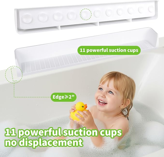 Bathtub Splash Guard for Kids, 2.62Ft Longer Silicone Bathtub Water Guards Play Shelf with 11 Suction Cups, Toy Tray Caddy Holder for Tub,Water Leak & Splash-Proof,Bath Tub Ledge Shelf for Kids, White