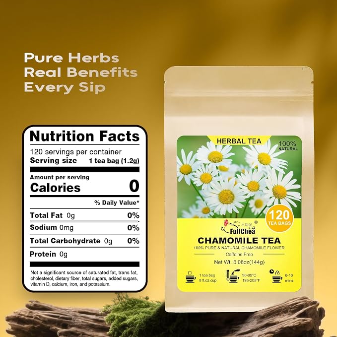 FullChea - Chamomile Tea bags, 120 Teabags, 1.2g/bag - Pure & Natural Chamomile Flowers - Caffeine-free Herbal Tea for Relaxation - Support Digestion & Boost Immune System