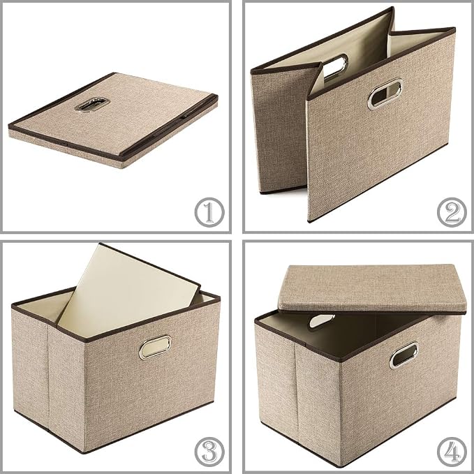 Large Collapsible Storage Bins with Lids [1-Pack] Jute Fabric Foldable Storage Boxes Organizer Containers Baskets Cube with Cover for Home Bedroom Closet Office Nursery (17.7x11.8x11.8)