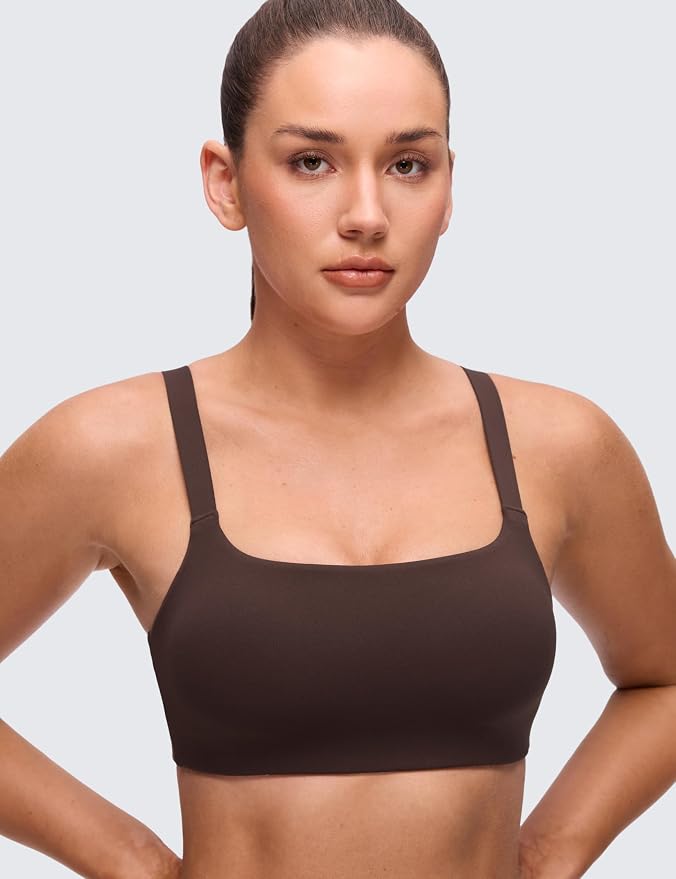 CRZ YOGA Butterluxe Adjustable Wide Strap Sports Bras for Women - Square Back Padded Scoop Neck Yoga Top