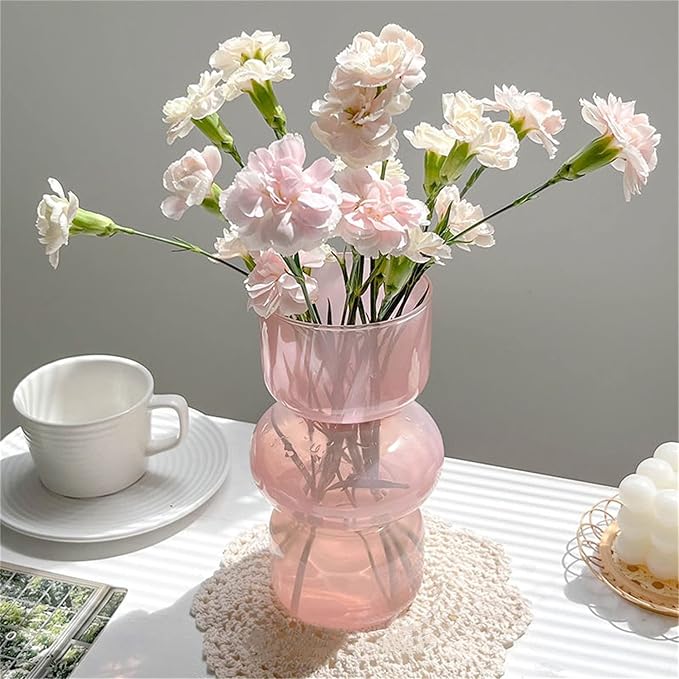 JSPYFITS Glass Hydroponic Flower Vase, 7 Inches Colored Glassbubble Vases for Flowers, Three-Layer Glass Funky Vase for Home/Office/Weddings/Party Table Flower Decor (Pink)