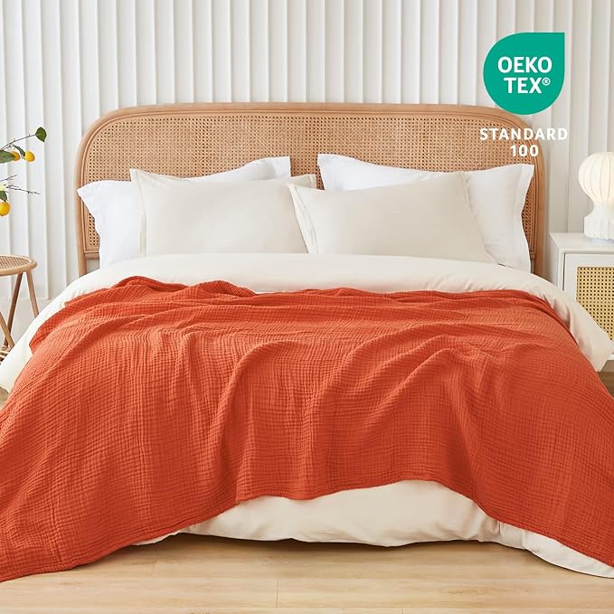 EMME Cotton Muslin Twin XL Blanket Breathable Gauze Soft Lightweight Adults Gifts for Women (Heather Orange Rust, 66"x90")