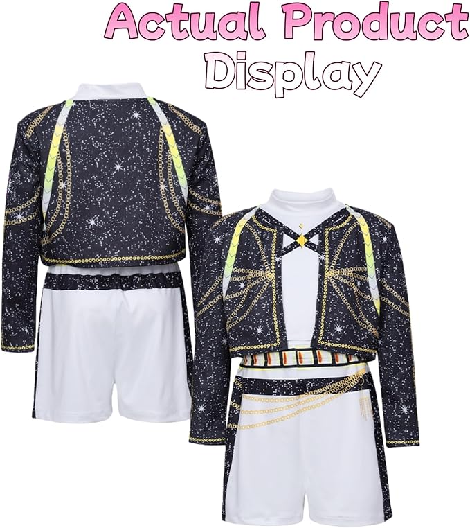 SAVITO Pop Idol Cosplay Costume Popular Singers Stage Costumes for Ages 3-12 Black Printed Costumes Black B
