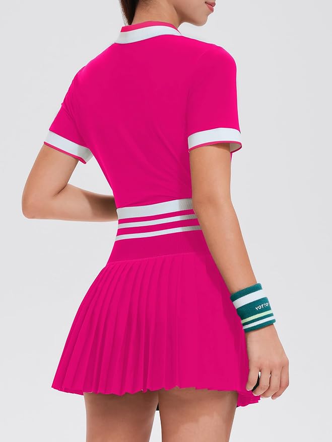 Tennis Skirt Sets for Women Zipper Color Block High Waisted Golf Polo Two Piece Skirt Set Women 2 Piece Outfits