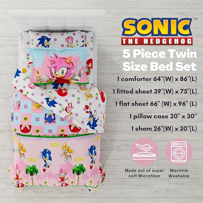 Sonic The Hedgehog Girl Anime Kids Bedding Super Soft Comforter and Sheet Set with Sham, 5 Piece Twin Size, (Official Licensed Product) by Franco