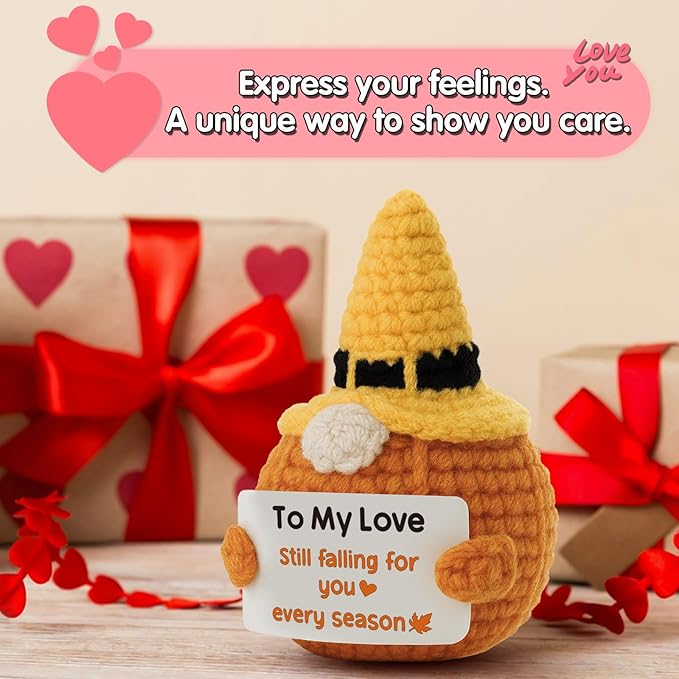 Fall Season Unique to My Love Gift, Handmade Pumpkin Gnome Crochet Plush with Message Card: Still Falling for You Every Season for Her Him Women Men Wife Husband Boyfriend Grilfriend