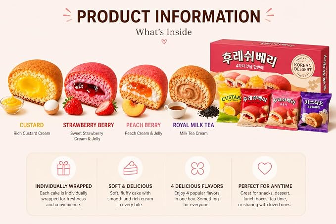 Orion Korean Sweet Dessert Variety Pack, Custard Soft Cake Assortment, Individually Wrapped Korean Snacks, Custard, Strawberry, Peach & Royal Milk Tea Flavors, 12 Packs Total, 0.88 oz Each