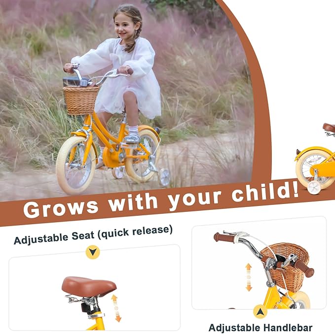 Glerc Little Molly 12-20 Inch Kids Retro Cruiser Bike for 2-13 Year Old with Wicker Basket & Training Wheels/Kickstand, Multiple Colors