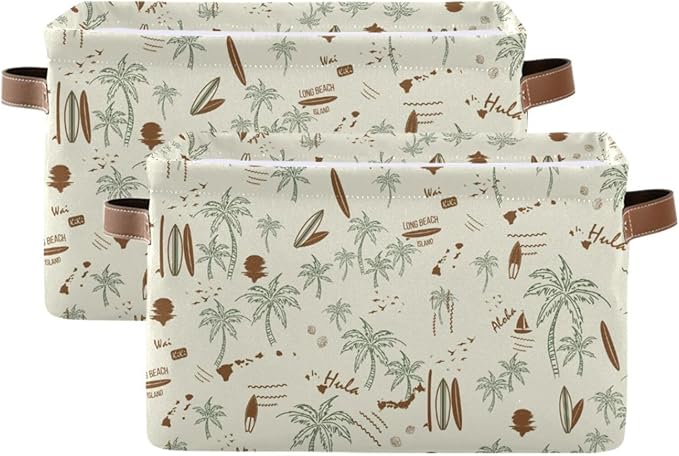 Aslsiy Storage Basket - Hawaii Palm Surf Nursery Bins Brown Baby Box Canvas Clothes Shelf Laundry Hamper Gift Basket for Home Closet - 1 Pcs