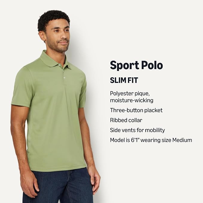 Amazon Essentials Men's Moisture Wicking Golf Polo Shirt, Short Sleeve, Slim-Fit, Quick-Dry, Active Wear