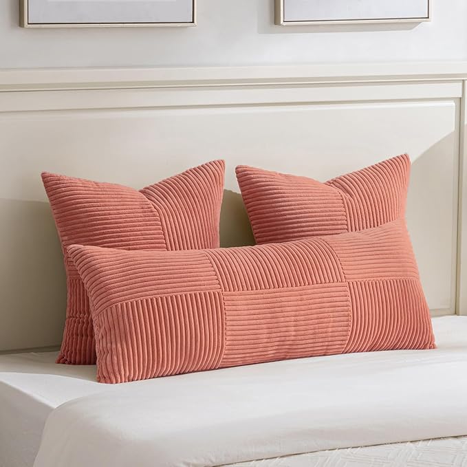 Fancy Homi Set of 2 Coral Boho Long Lumbar Body Decorative Throw Pillow Cover 14x36 Inch for Bed Couch Bedroom Bench, Soft Patchwork Corduroy Textured Pillow Case, Rustic Farmhouse Room Décor