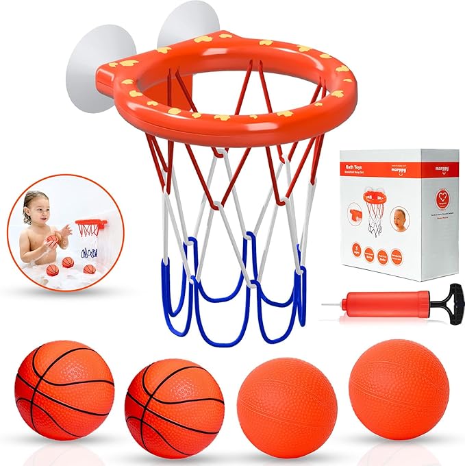 MARPPY Bath Toys – Bathtub Basketball Hoop for Toddlers and Kids, Mold-Free Shower Toy with 4 No-Hole Balls, Fun Bathtub Toys for Boys and Girls