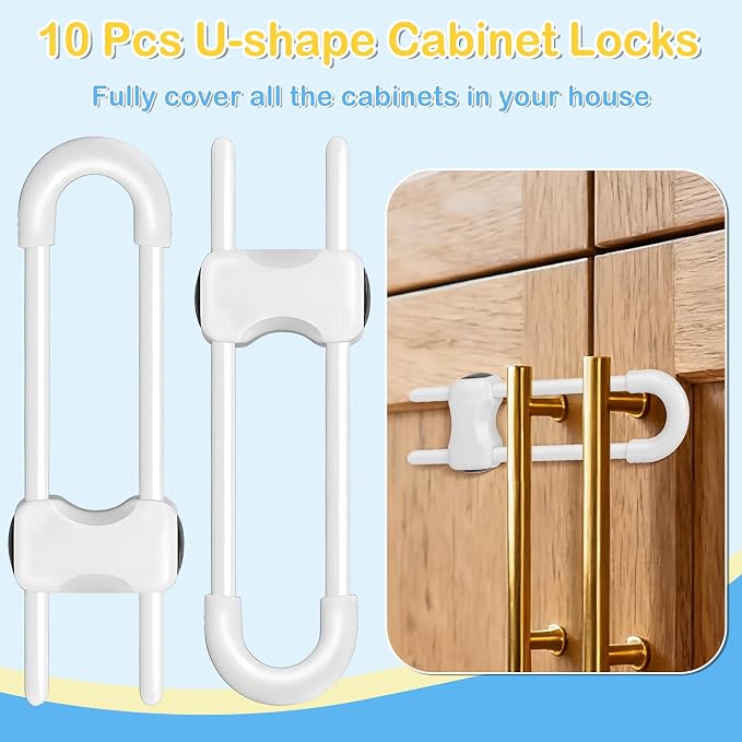 Modacraft 10 Pcs Sliding Cabinet Latches, U Shaped Cabinet Door Locks, Baby Cabinet Safety Latches for Baby Proofing, No Drilling Tool-Free Installation Easy to Use for Knobs or Handle Double Door