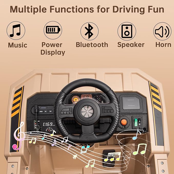POSTACK 12V Ride On Construction Truck,Battery Powered Ride On Car with Remote Control, Kids Electric Vehicle with Shovel, Bluetooth, Music, Speaker, Boys Girls Gift, Khaki