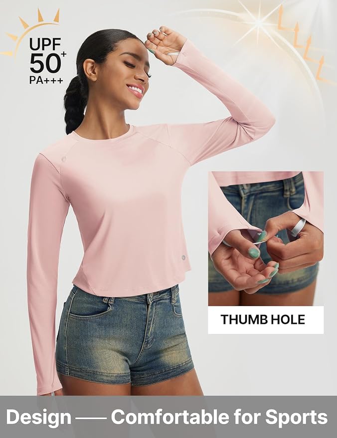 baleaf Women's UPF 50+ Long Sleeve Sun Shirts Crop Rash Guard UV Workout Tops SPF Slim Fit Lightweight Athletic Hiking