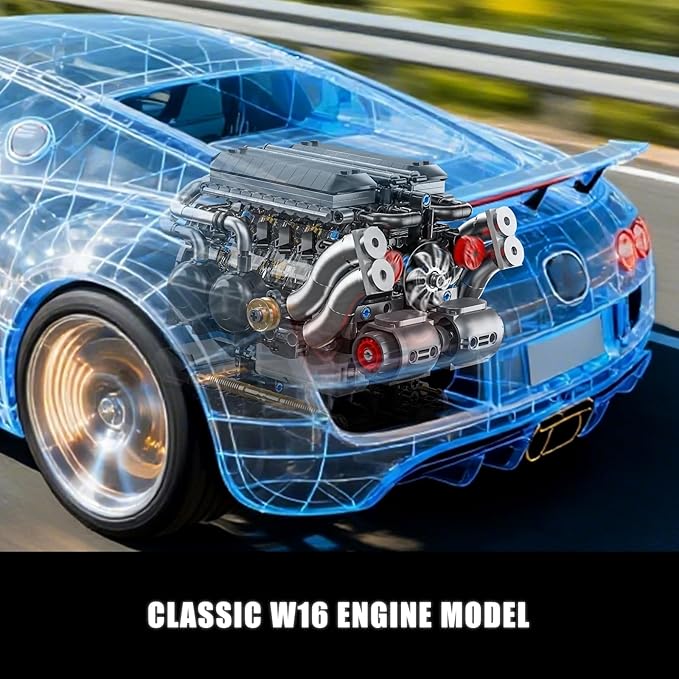 W16 Engine Building Blocks Set for Adults, STEM Mini 16-Cylinder Engine Model Kit that Runs, Compatible with Lego Car, DIY Physical Science Experiment Toy for Teens Boys 8-14+ (801 PCS)