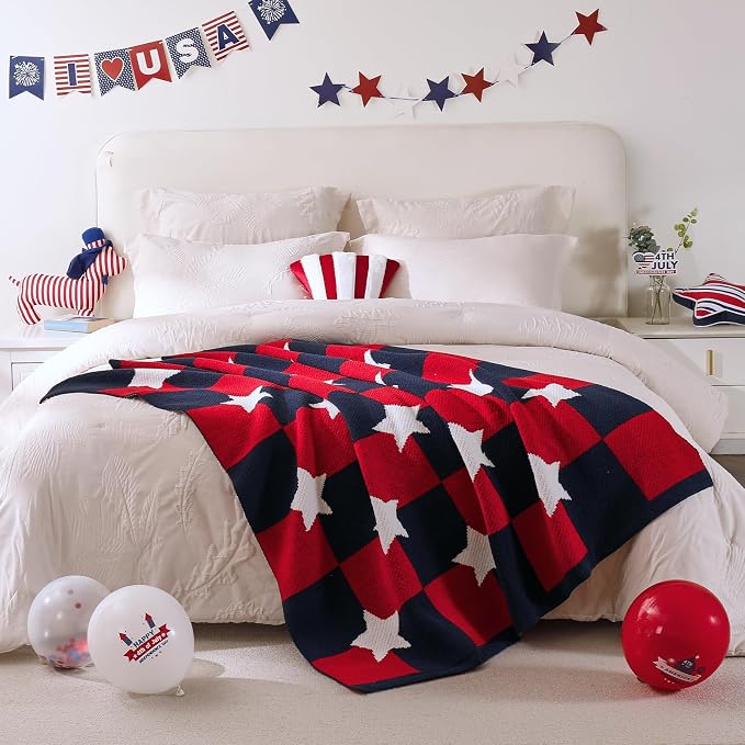 Patriotic Ultra Soft Knit Chenille Throw Blanket - Red White Blue Stars American Flag Pattern Cozy Blankets for Couch, 4th of July Memorial Independence Day Gifts, 50"x60", Red&Blue