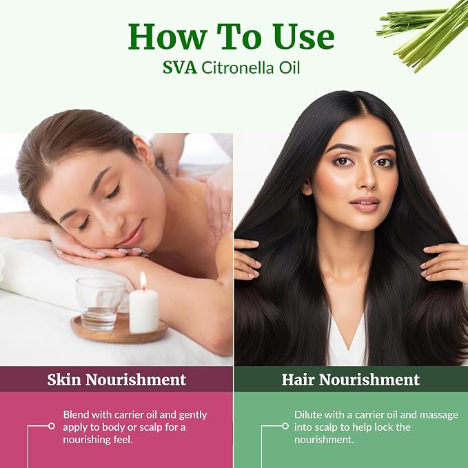 SVA Citronella Essential Oil 4 Fl Oz – for Diffuser, Skin & Hair Care – Ideal for Massage & DIY Blends – with Dropper