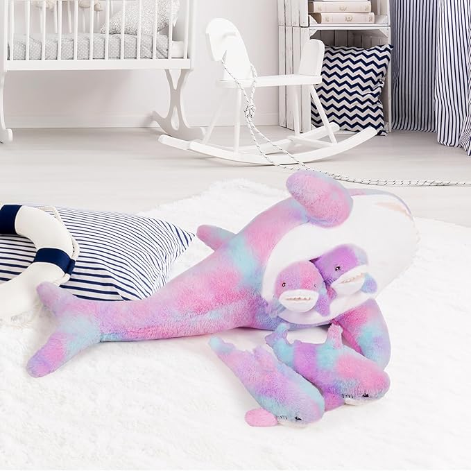 Giant Shark Stuffed Animals Plush, Large Shark Plush Pillow with 4 Little Sharks, 100cm/39.4inches Colorful Sharks Plush Toy Gifts for Kids(Purple)