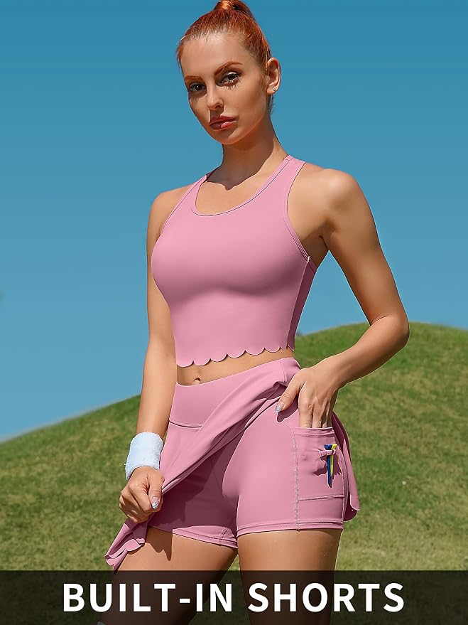 ATTRACO Tennis Outfits for Women Racerback Golf Dress Workout Dress | Athletic Skirt Set, Built-in Shorts, 2 Pockets, Scalloped, Racerback, High Waisted, Pickleball, Workout Set
