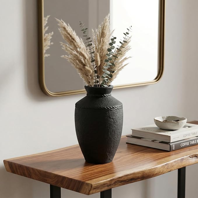 Black Rustic Ceramic Vase - 10 Inch Large Pottery Flower Vases for Home Decor Farmhouse Minimalist Vase for Living Room Centerpiece for Fireplace Entryway Shelf Kitchen Decor