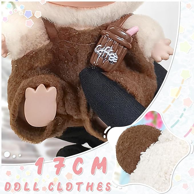 Doll Clothes for 17cm Dolls, Cute Outfit Set with Accessories, Bucket Hat and Overalls (No Doll) (Bear Overalls Set)