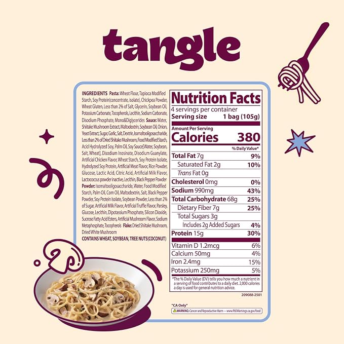 Tangle Creamy Mushroom Instant Pasta, 15g Protein Linguine, 7g Fiber 4-Pack | 15g protein, 7g fiber per serving; Chickpea-based air-dried noodle; Truffle and shiitake cream, non-spicy; Ready in 4 min
