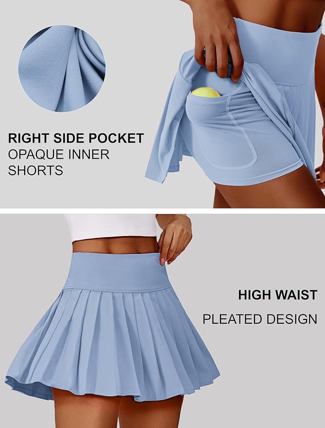 PINSPARK Pleated Tennis Skirts Mini Athletic Golf Skorts with Pocket | 14", High Waist, Lightweight, Quick Dry, Stretchy, Inner Shorts, Sun Protection, Pickleball, Casual, for Women