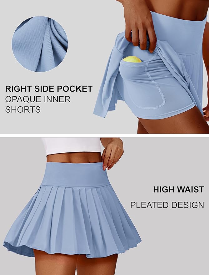 PINSPARK Pleated Tennis Skirts Mini Athletic Golf Skorts with Pocket | 14", High Waist, Lightweight, Quick Dry, Stretchy, Inner Shorts, Sun Protection, Pickleball, Casual, for Women