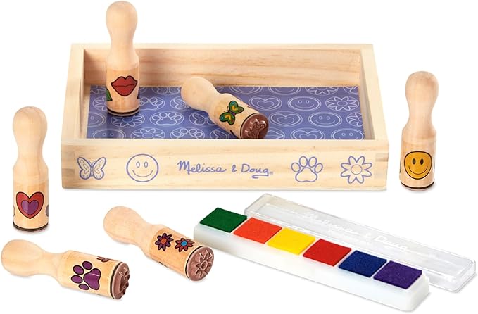 Melissa & Doug Happy Handles Wooden Stamp Set: 6 Stamps and 6-Color Stamp Pad