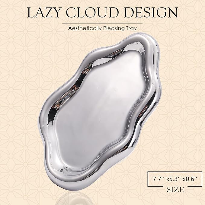 CCINPPY Ceramic Cloud Jewelry Tray Trinket Dish Key Bowl Nightstand Decor | Decorative Small Desk Tray Jewelry Plate Key Holder Bowl Cute Bedroom Room Decor Aesthetic, Gift for Women, Silver Medium