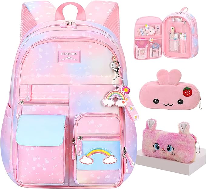 Rainbow Backpack For Girls Kids,Cute Student School Backpack With Pen Bag,Aesthetic Starry Rainbow Laptop Travel Bag