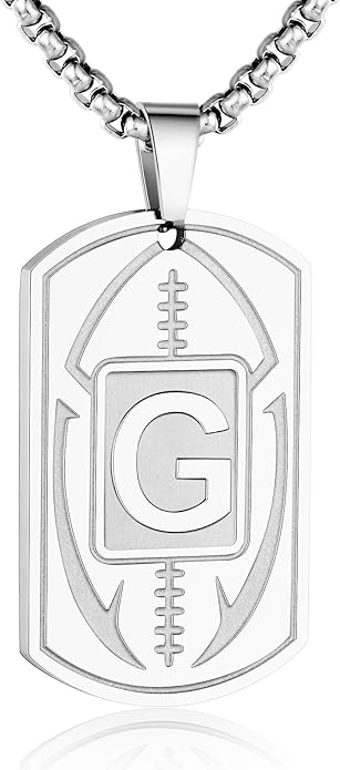 Initial A-Z Dog Tag Necklace for Men - Football Charm Pendant, Stainless Steel Chain 22+2 Inches, Personalized Sports Athletes Jewelry Gift